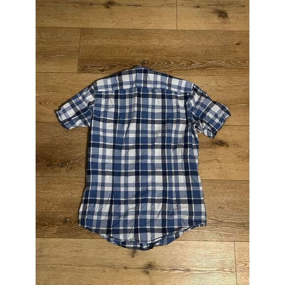 Hugo Boss Mens Blue Checkered Mens Short Sleeve Button Up Size Medium - Picture 2 of 3